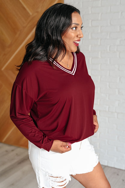 All Out Comfort V-Neck Pullover in Red Merlot